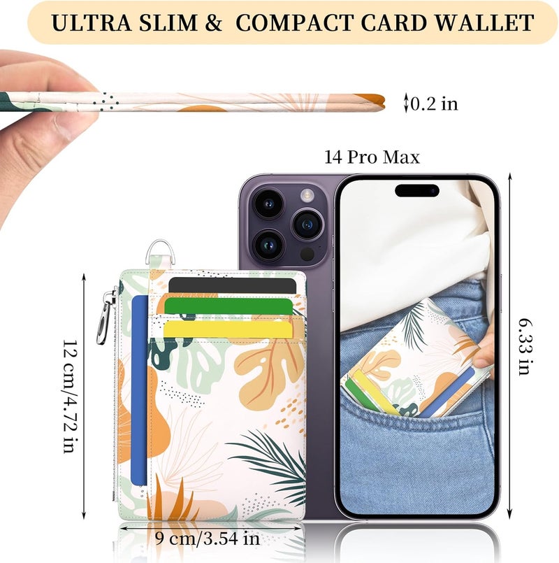 Hancynir Slim Wallet Women Credit Card Holder Abstract Boho Leaves RFID Blocking Small Mini Card Wallets Cute Front Pocket PU Leather Card Case Thin Travel Zipper Coin Cash Ladies Female Wallet Gifts - Image 2